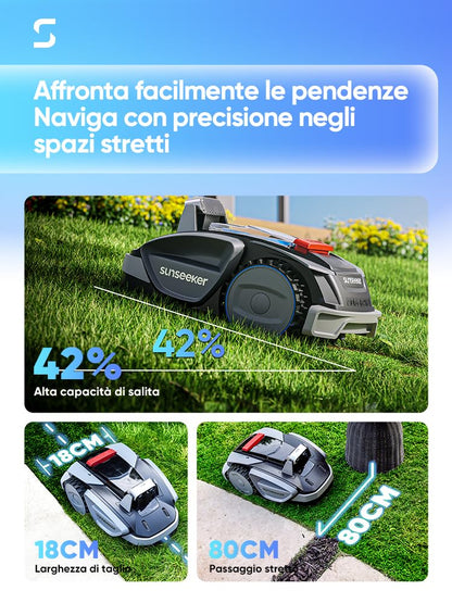 Sunseeker V3 Plus Vision AI Robotmaaier, zonder begrenzingskabel, 1000 m², dubbel oog, 42% helling, app-bediening, grasmaaier met één klik maaien, zilvergrijs
