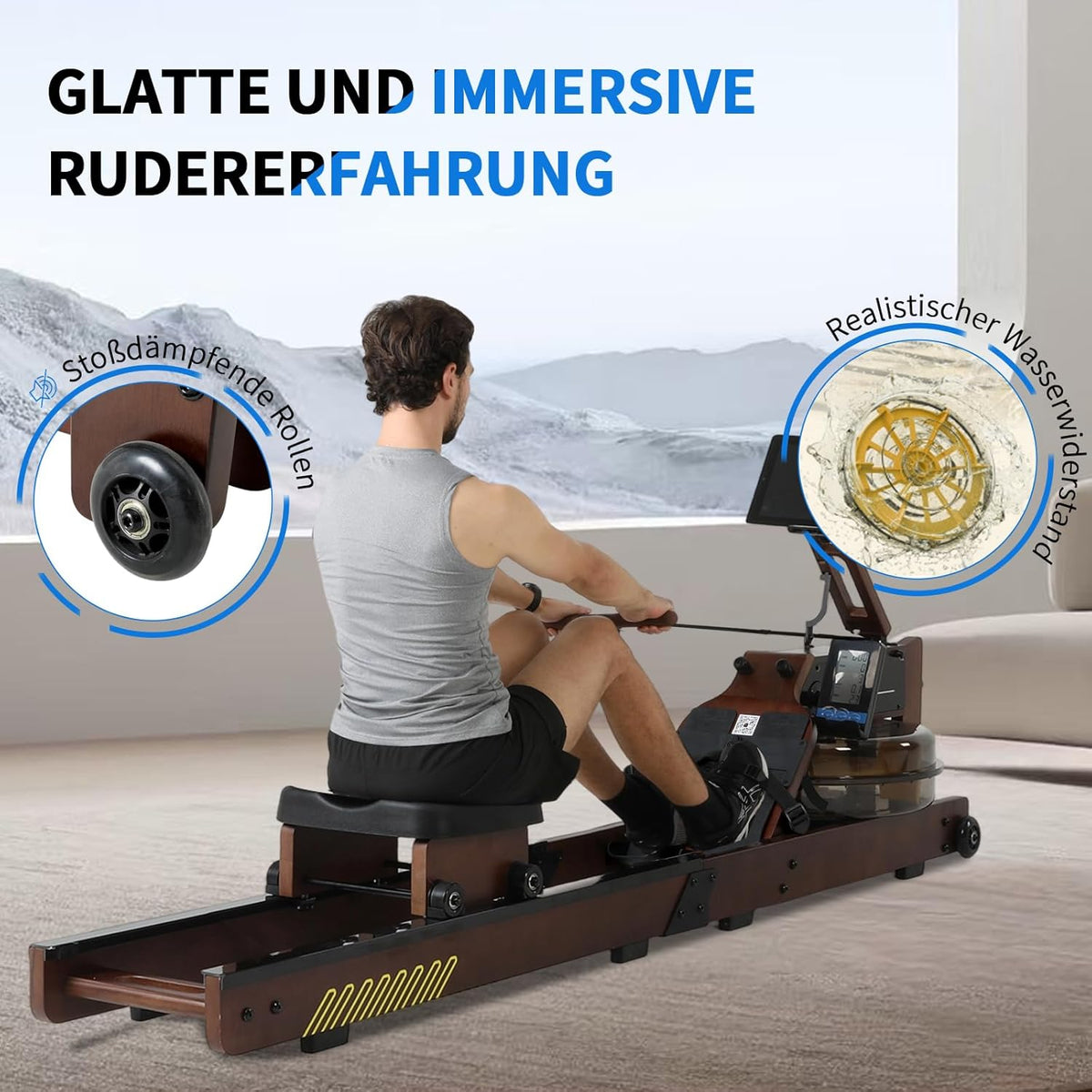 ISE SY-2023 Wood Rowing Machine for Home with LED Display App Compatible with Water Resistance Rowing Machine with Electric Water Pump - QUORE