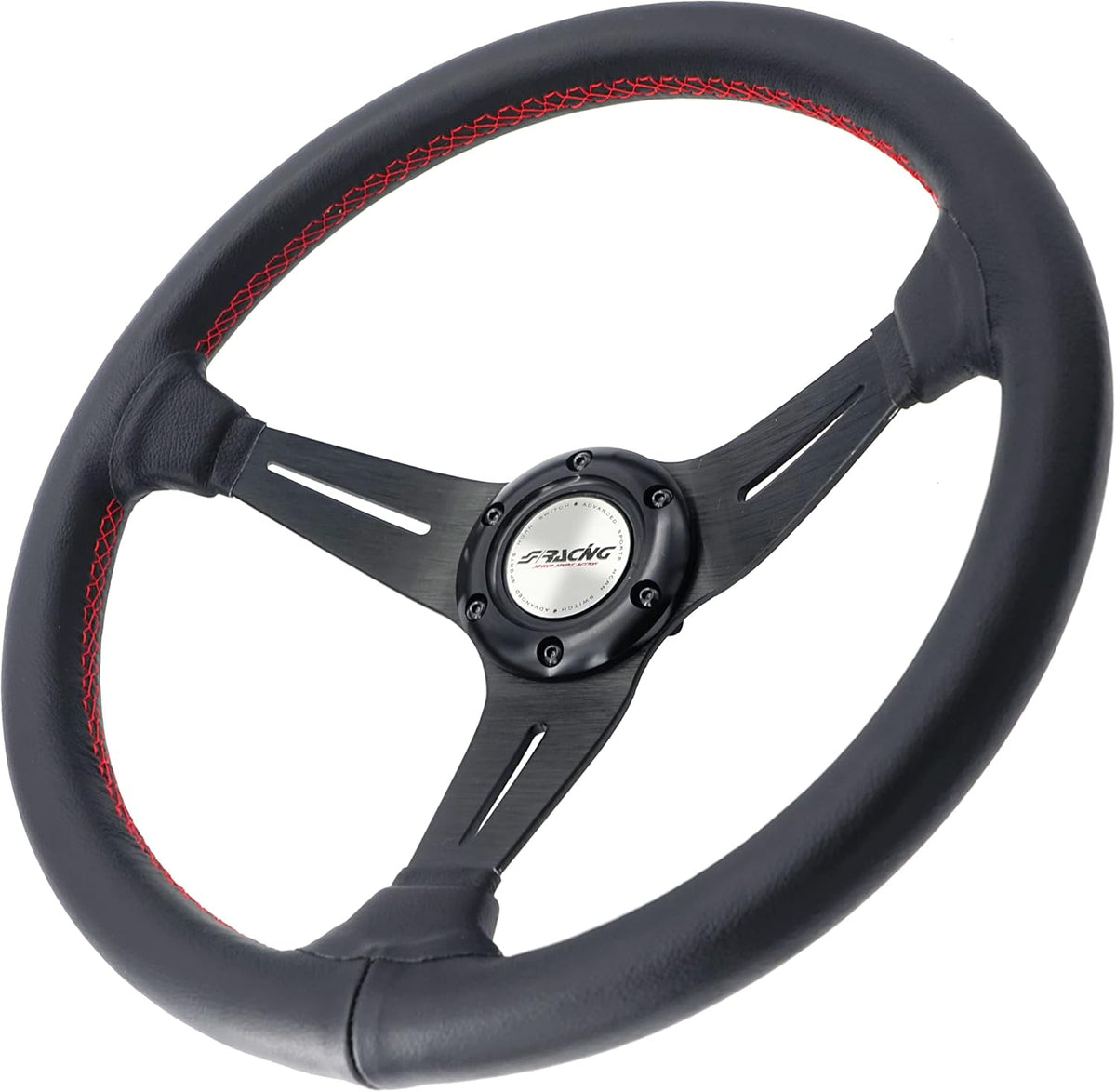 Sportief Universeel Stuur – Sportstuur – Leren Stuur – Auto Stuur – Racing Stuur – Echt Zwart Leer – Rode Stiksels – Diameter 350 mm