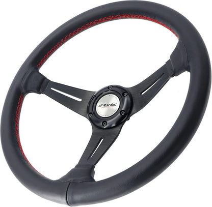 Sportief Universeel Stuur – Sportstuur – Leren Stuur – Auto Stuur – Racing Stuur – Echt Zwart Leer – Rode Stiksels – Diameter 350 mm