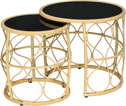 Tuintafel - Tuintafel Rond - Bijzettafeltje - Set van 2 - Rattenbijzettafel - Bistrotafel, Salontafel - met Glazen Tafelblad - Boho-Stijl - voor Terras - Tuin - Φ55 x 51 cm & Φ43 x 47 cm - Khaki/Zwart