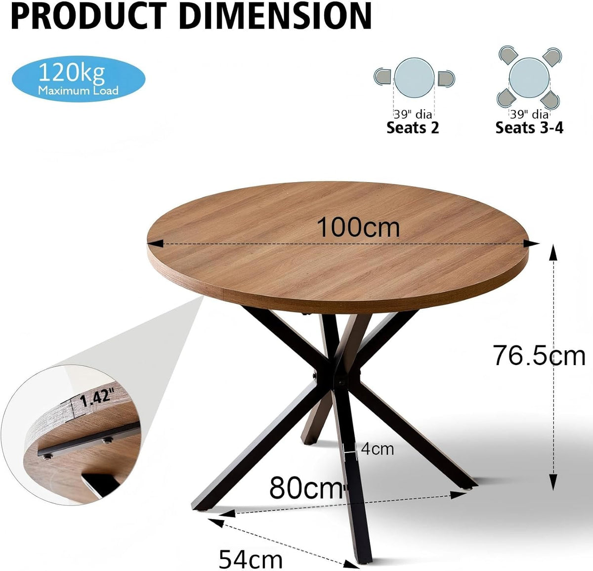 Ronde Eettafel – Eettafel Rond – Keukentafel – Tafel Voor Appartement – Compacte Ronde Tafel – MDF Donker Houtnerf – Stevig X-Onderstel Met Verstelbare Voeten
