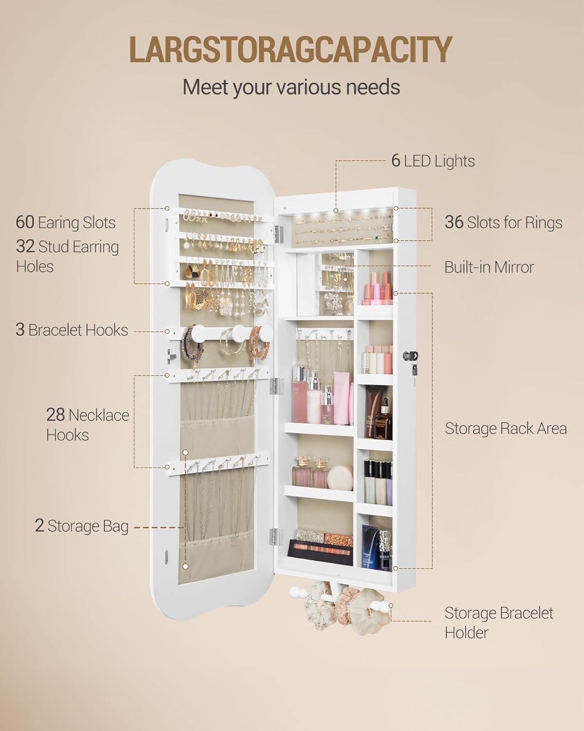 Hzuaneri Jewellery cabinet, mirror cabinet, wall cabinet with LED lighting, wall cabinet with mirror, lockable, with interior mirror, white surface, inner lining by Greige