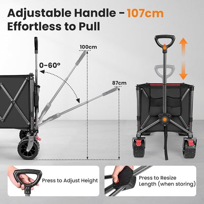 Heavy Duty opvouwbare campingwagenwagen, 120-160L capaciteit all-terrain strandtrolley met 10 inch wielen, inklapbare festival- en tuingereedschapskar