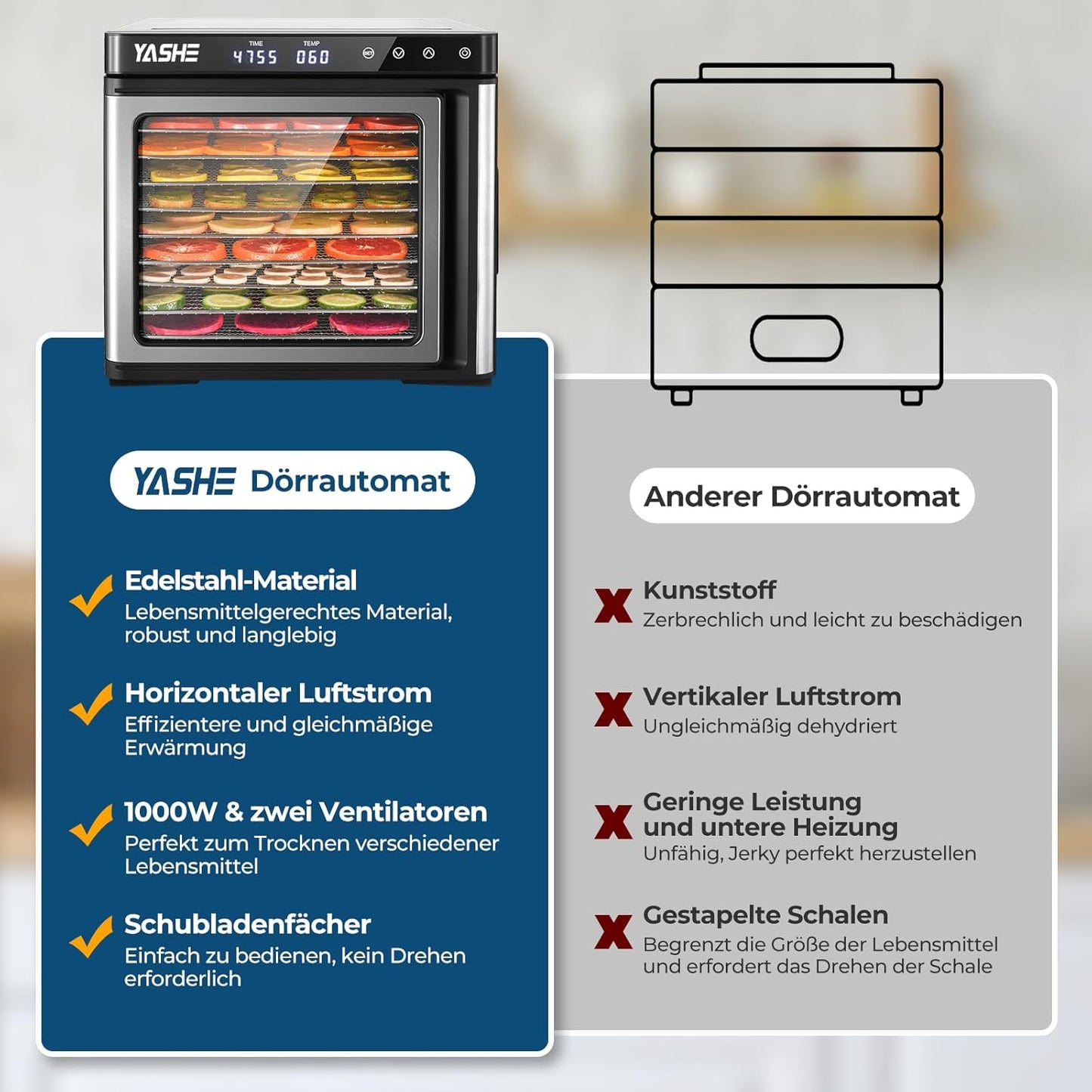 Roestvrijstalen droogautomaat, 1000 W voedseldroger voor groenten en fruit met led-display, nauwkeurige temperatuurregeling (35-75 °C), 48-uurs timer, 9 roestvrijstalen schalen, 2 gaaszeefjes, 1 kom