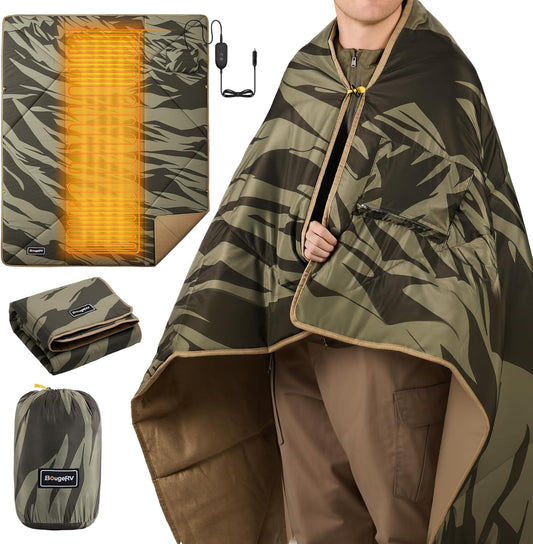 Elektrische Campingdeken – Verwarmer – Outdoor Deken – Warmtedeken – Kampeerdeken – Camouflage Groen – Ultralicht & Compact – Waterafstotend