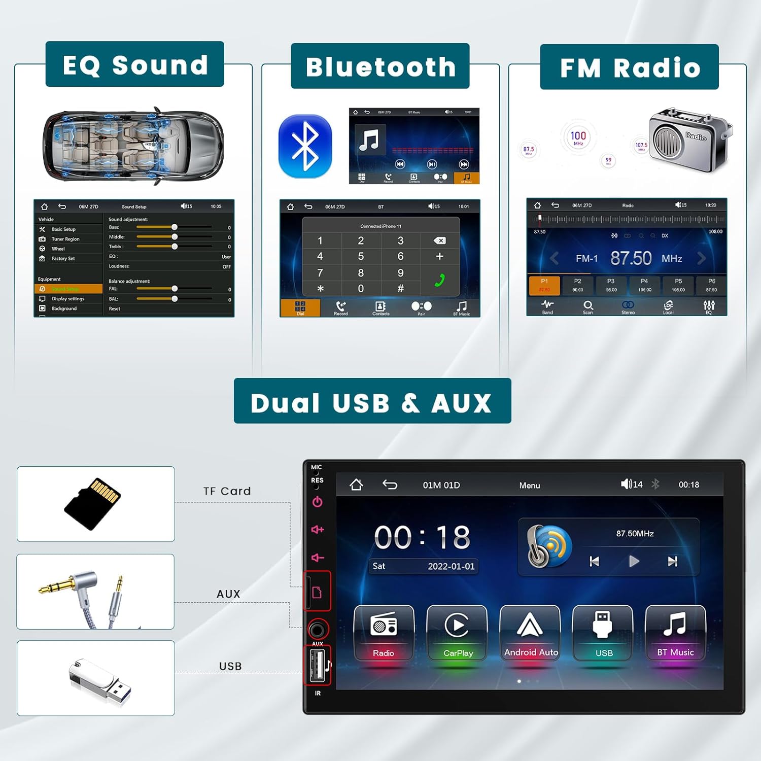 1-DIN Autoradio – Autoradio Met Touchscreen – Auto Multimedia Systeem – Bluetooth Autoradio – Carplay Android Auto Radio – 7 Inch Display – Achteruitrijcamera Inclusief - QUORE