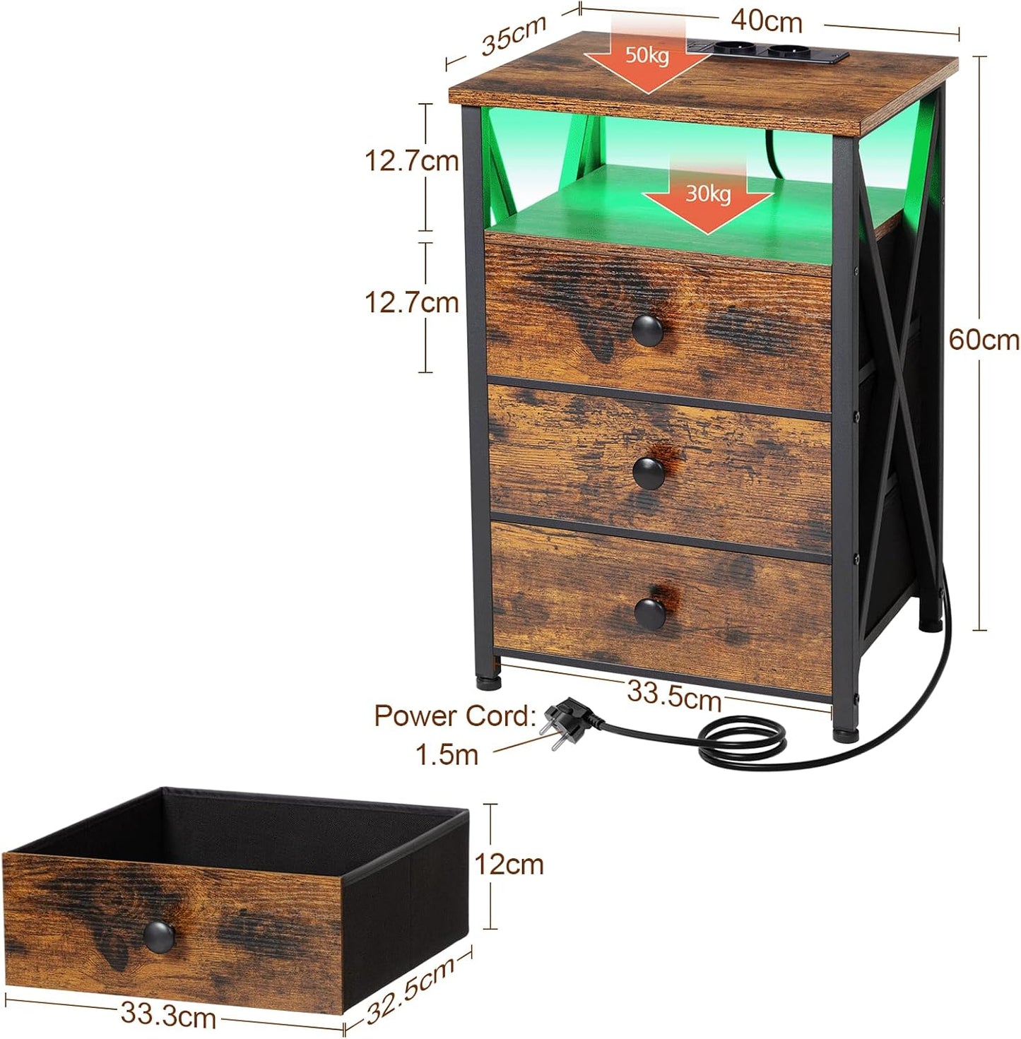 AMHANCIBLE Nachtkastje set van 2, bijzettafel met Oplaadstation en LED, banktafel met 3 stoffen laden, Eindtafel met open plank voor slaapkamer, woonkamer, bruin HET053LBR