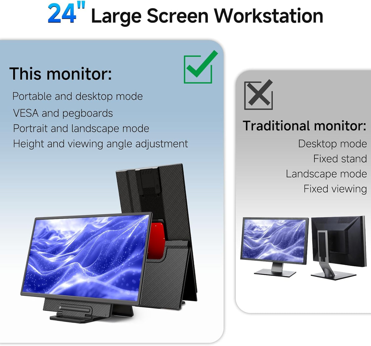 Large Portable Monitor, 61 cm (24 inches), 1080P, FHD, 100Hz, Travel Monitor, 125% sRGB IPS, Laptop Extension, VESA Compatible, Detachable Height Adjustable Stand with USB-C - QUORE