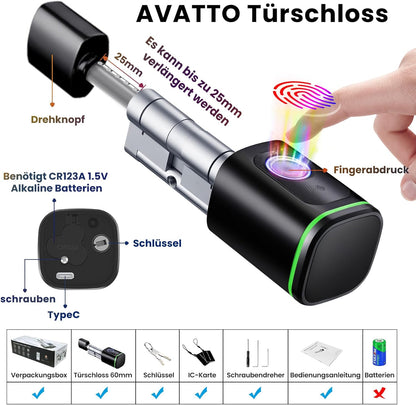 AVATTO Smart deurslot met vingerafdruk, elektronische sluitcilinder 70mm (35/35) met 2 sleutels, IC-kaart, ondersteunt Smart Life app-afstandsbediening, Bluetooth vingerafdruk deurslot