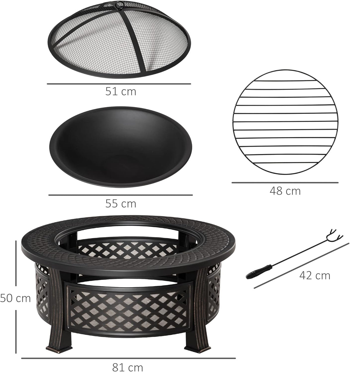 Outsunny fire bowl with poker spark protection fire pit fire table round fire pit for garden camping BBQ steel black 81 x 81 x 50 cm - QUORE
