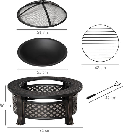 Outsunny fire bowl with poker spark protection fire pit fire table round fire pit for garden camping BBQ steel black 81 x 81 x 50 cm - QUORE