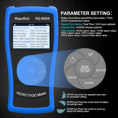 3-in-1 luchtkwaliteitsmonitor RQ-5800S, formaldehyde-detector, TVOC, HCHO-monitor voor het testen van PM2,5, PM10, HCHO, TVOC, USB-oplaadbaar, voor binnen, buiten, slaapkamer