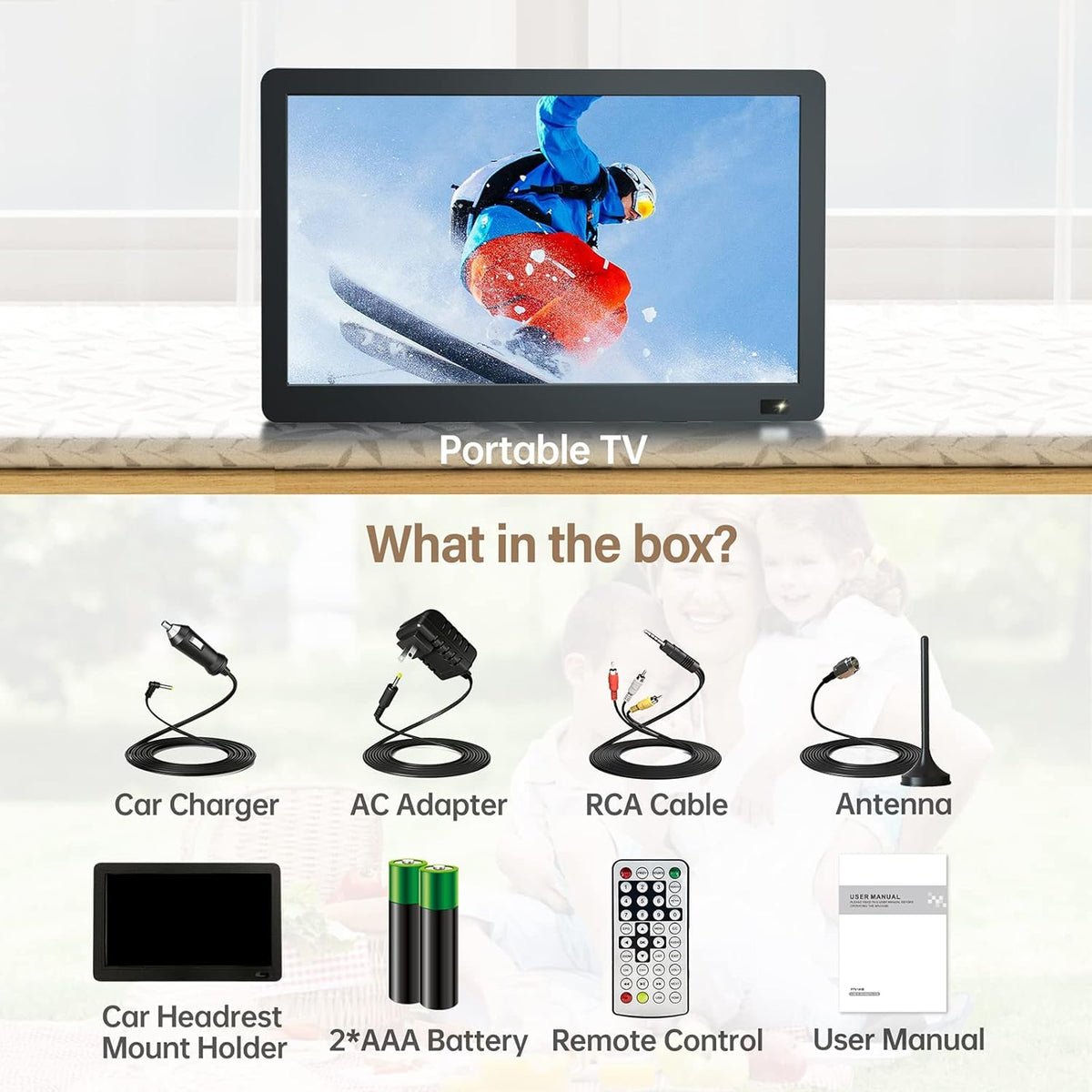 Desobry 14 inch Portable TV with Antenna 1080P freeview outdoor tv with DVB/T2 Tuner Rechargeable Battery Operated Mini TV LCD,Built-in TV Stand,HDMI Input,USB,AV
