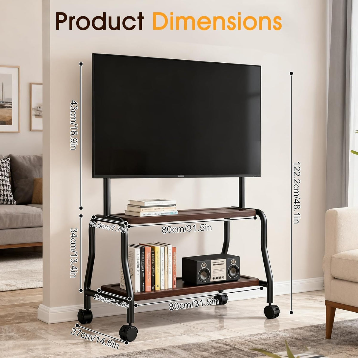 Tv-standaard, oprolbaar voor 32-75 inch televisie tot 50 kg, televisiestandaard op wielen, tv-rolwagen met houten plank, in hoogte verstelbare tv-vloerstandaard, max VESA 600 x 400 mm