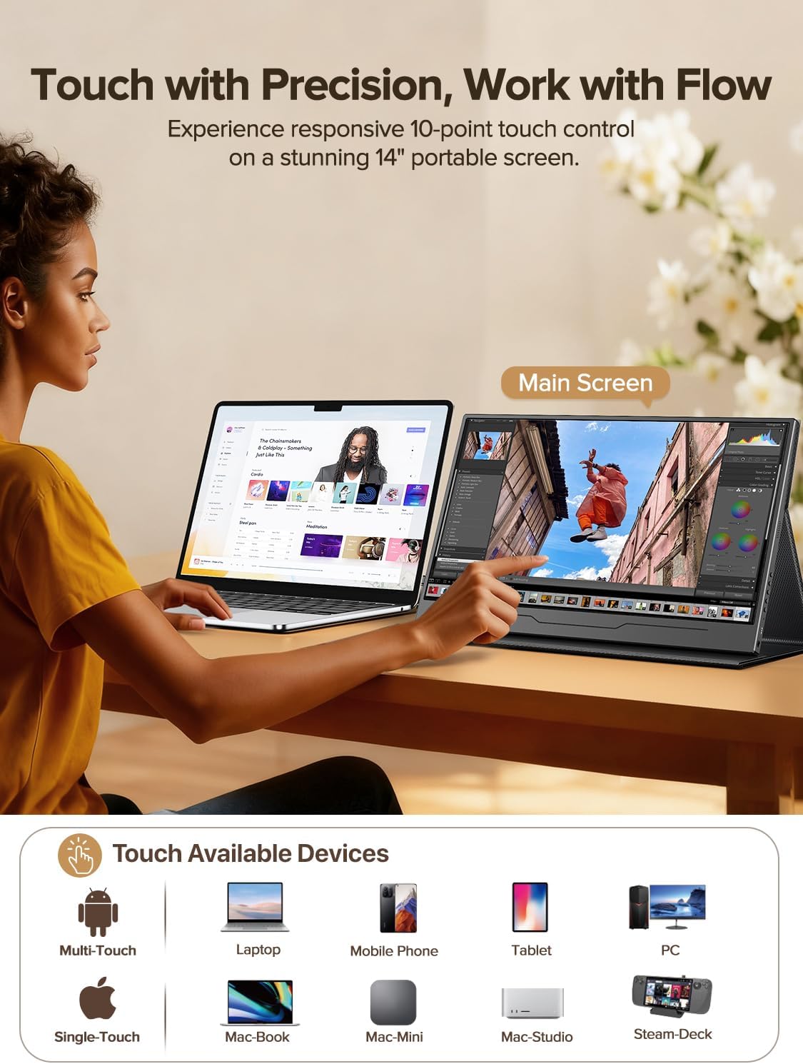 UPERFECT Portable Monitor Touch Screen, 14 Inch 1080P FHD Portable Monitor with USB-C Mini HDMI for Laptop/PC/Phone/Business/Work/Gaming, VESA-Mountable - QUORE