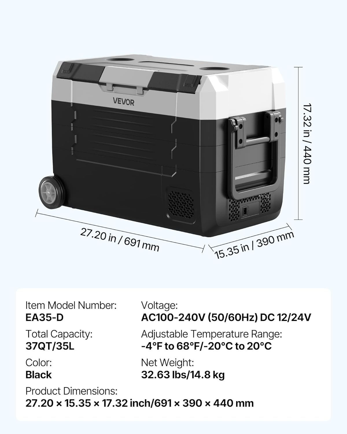VEVOR Compressor-koelbox, 12/24 V DC 100-240 V AC, autokoelkast, 35 l, met app-bediening, wielen en 2 temperatuurzones (-20 °C tot 20 °C), draagbare koelkast voor camper, boten, camping, vissen