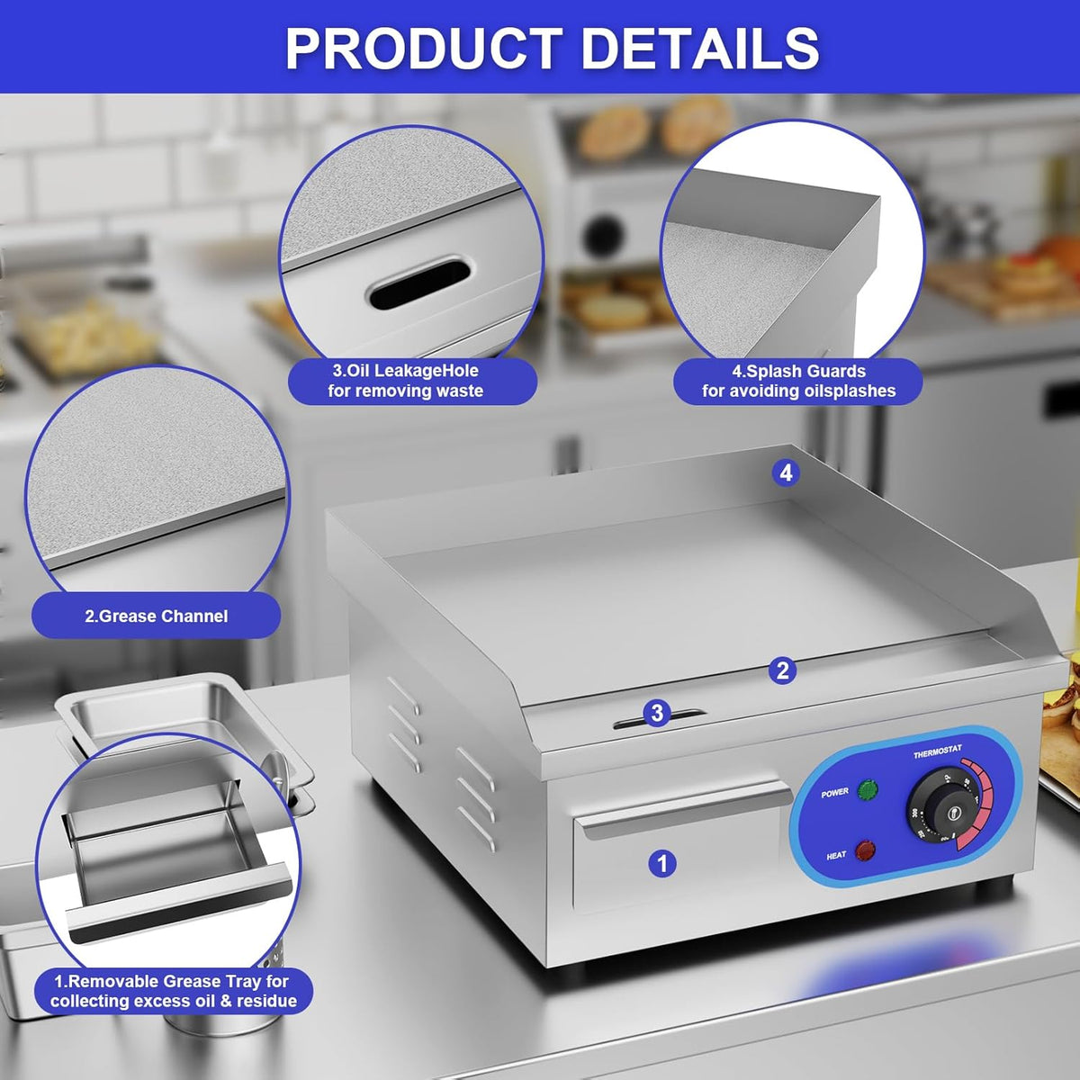 TAIMIKO Elektrische grill, roestvrij staal, professionele tafelgrill 220-240 V, grillplaat van ijzer, oppervlak 35 x 30 cm, glad, spatwaterdicht