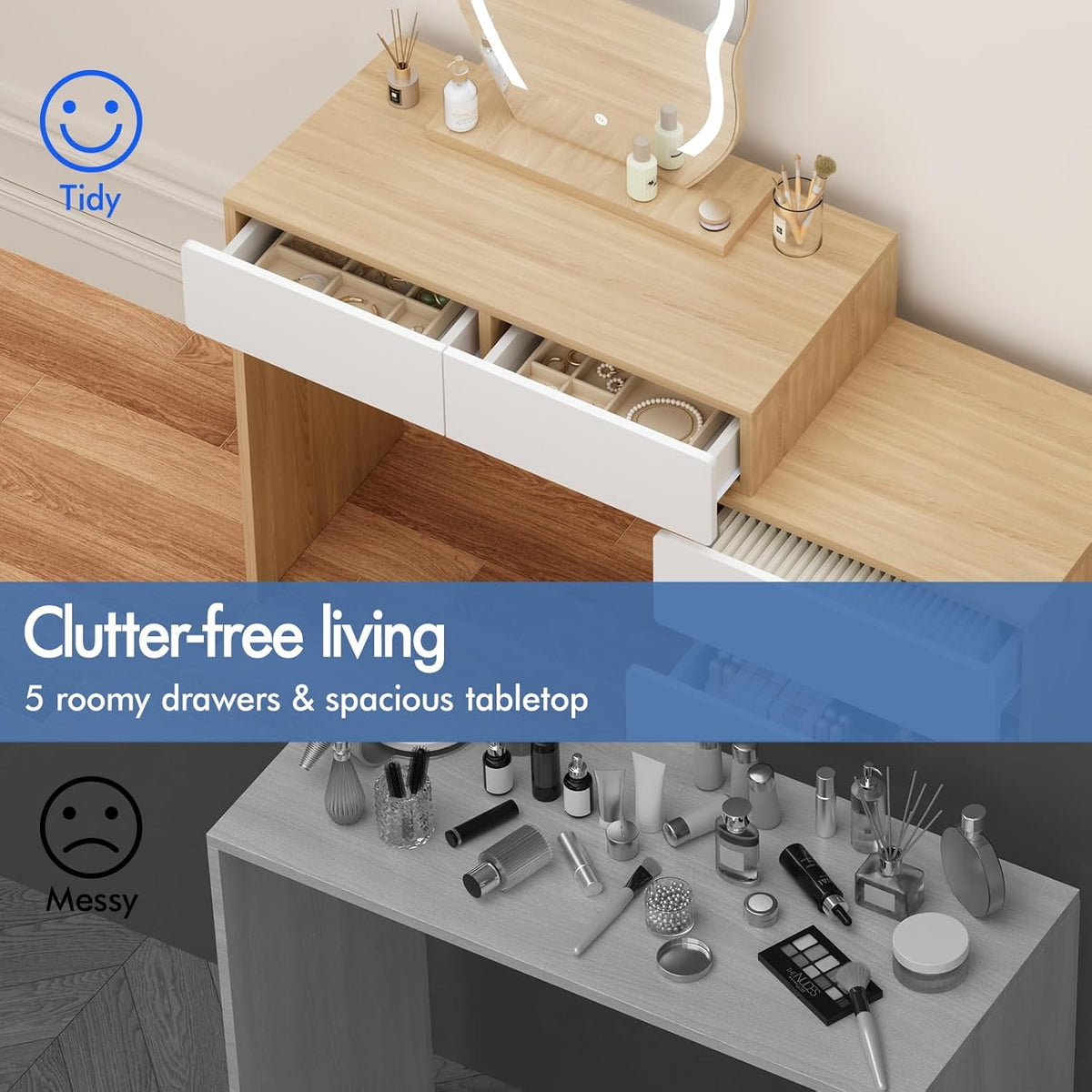 Make-uptafel – Kaptafel – Schminktisch – Make-up Bureau – Beautytafel – Wolkenvormige Spiegel – 10 Verstelbare LED-Lampen – Ruime Laden Met Kruk Opbergruimte