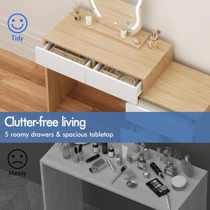 Make-uptafel – Kaptafel – Schminktisch – Make-up Bureau – Beautytafel – Wolkenvormige Spiegel – 10 Verstelbare LED-Lampen – Ruime Laden Met Kruk Opbergruimte