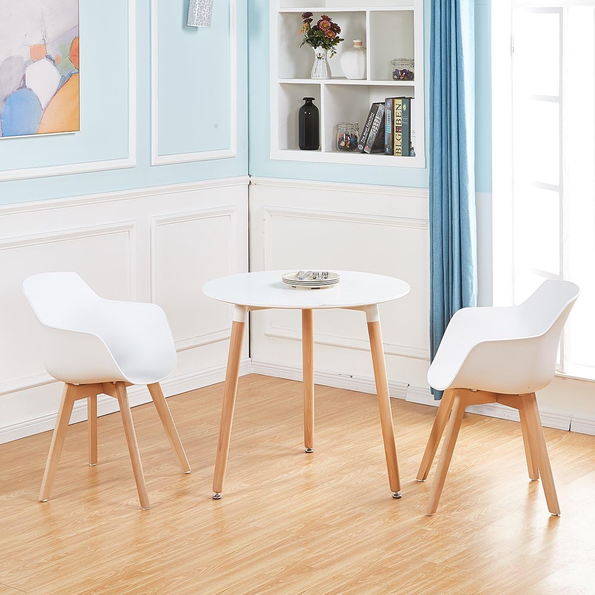 EGGREE Set van 4 eetkamerstoelen met poten van massief beukenhout, retro design, keukenstoelen van hout, wit, woonkamerstoel met armleuningen