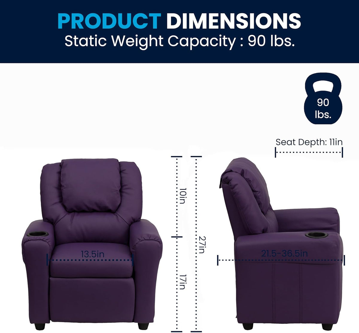 Flash Furniture Hedendaagse kinderfauteuil met bekerhouder en hoofdsteun, hout, paars Vinyl, 60,96 x 48,26 x 48,26 cm