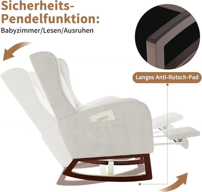Schommelstoel – Relaxstoel – Fauteuil – Voedingsstoel – Schommelstoel Met Voetensteun – Schapenvacht Bekleding – Ergonomisch Lendenkussen – Zijvakken