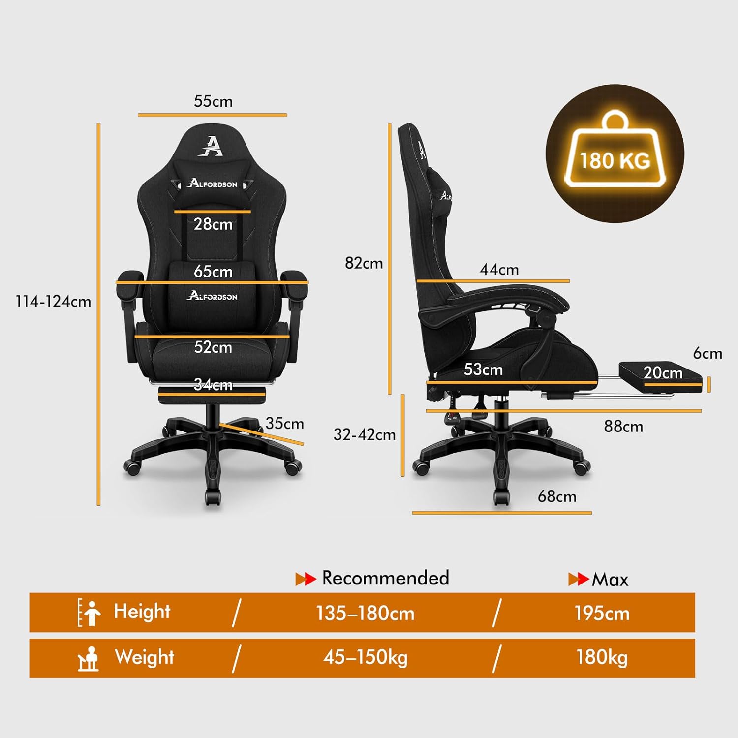 ALFORDSON Gaming Chair with Massage Lumbar Spinal Cushion, Ergonomic Gamer Racer Chair with Adjustable Backrest, Swivel Chair with Footrest, Height Adjustable, Black - QUORE