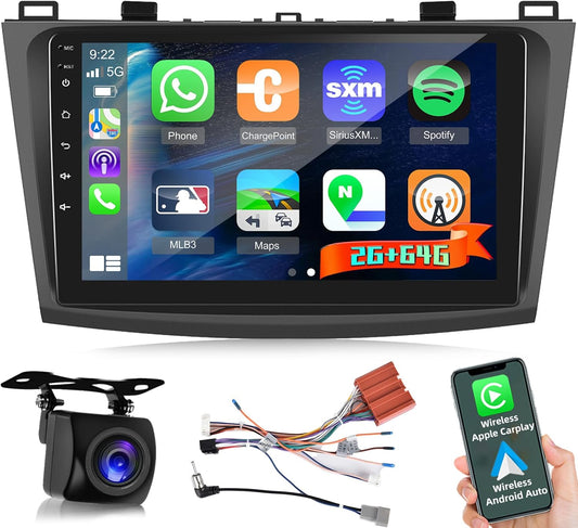 9 Inch Android Car Radio for Mazda 3 2009-2013 with Wireless CarPlay & Android Car, 2G+64G Stereo with Screen, EQ DSP, WiFi, FM RDS, GPS, Bluetooth, Steering Wheel Control+Reversing Camera, MIC