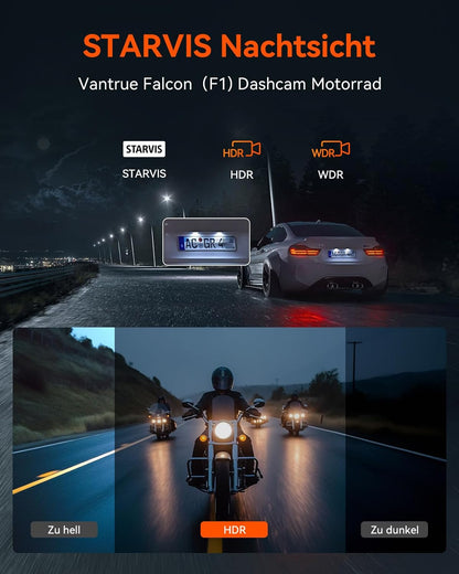 VANTRUE F1 4K + 1080P dashcam motorfiets, 5GHz WiFi GPS dashcam voor en achter, IP67, Duitse stemaanwijzingen motorcamera, 24 uur. Botsingsdetectie, Kilometerstand, WDR & HDR & App, Maximaal 512G