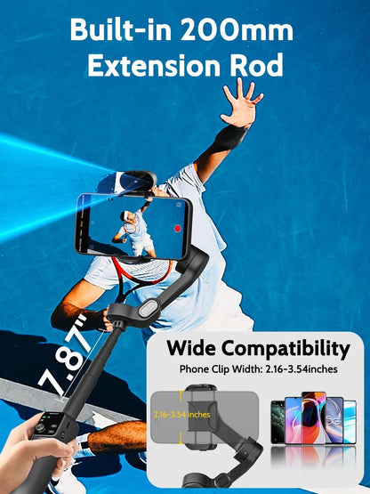 AOCHUAN 3-assige cardanische stabilisator voor iPhone en Android, GEEN APP AI-tracking, 7,8 inch ingebouwde verlengstang, telefoonstabilisator voor video-opname, OLED-display, triggerknop, sport