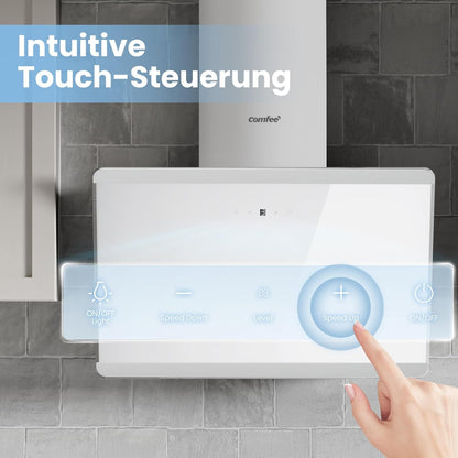 COMFEE CH60J64ET4A2W A++ afzuigkap 60 cm, afzuigkap 60 cm convectie en afvoerlucht, 380 m³/h luchtstroom, roestvrij staal/glazen design met touchscreen, led, afzuigkap incl. koolstoffilter, wit