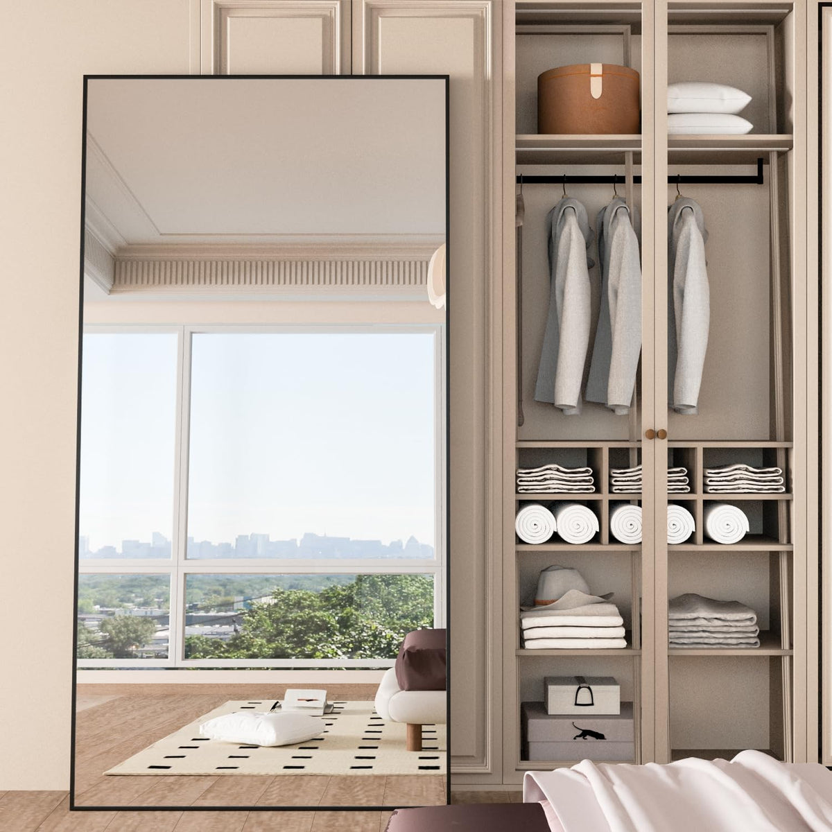 CASSILANDO 180 x 80 cm staande spiegel, zwarte vloer grote, staande spiegel, tegen muur voor slaapkamer, bekleding en aan de muur bevestigde dunne lijst, zwart