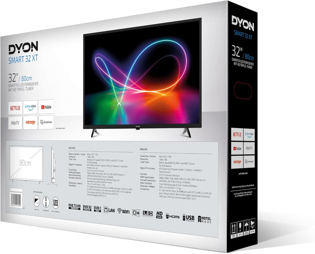 DYON Smart 32 XT 80 cm (32 inch) TV (HD Smart TV, HD Triple Tuner (DVB‐C/‐S2/‐T2), Prime Video, Netflix & HbbTV)