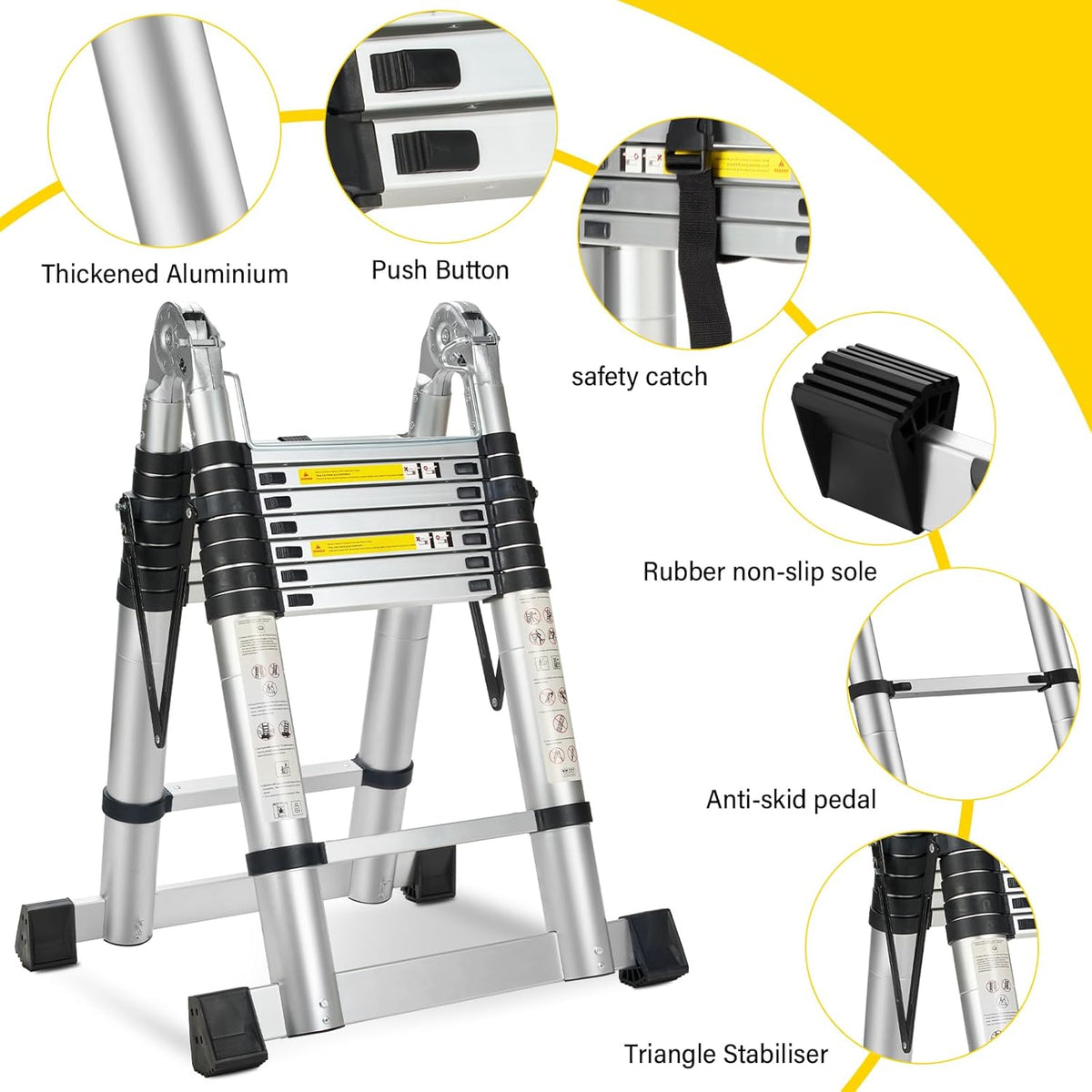 STANEW Telescopische Ladder 5M(2.5+2.5), Telescopische Ladder met 2 Balansbalk, Aluminium Trapladder, Multifunctionele Ladder, 150 kg Belastbaarheid