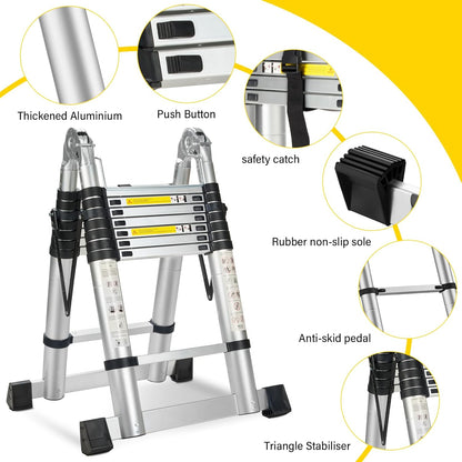 STANEW Telescopische Ladder 5M(2.5+2.5), Telescopische Ladder met 2 Balansbalk, Aluminium Trapladder, Multifunctionele Ladder, 150 kg Belastbaarheid