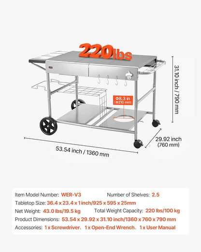 VEVOR Barbecuewagen voor buiten, 925 x 595 x 25 mm (tafelbladgrootte), oprolbare grilltafel met 4 kruidenbakjes & wielen en deksels en haken, barbecue-bereidingstafel, serveerwagen voor picknickkeuken