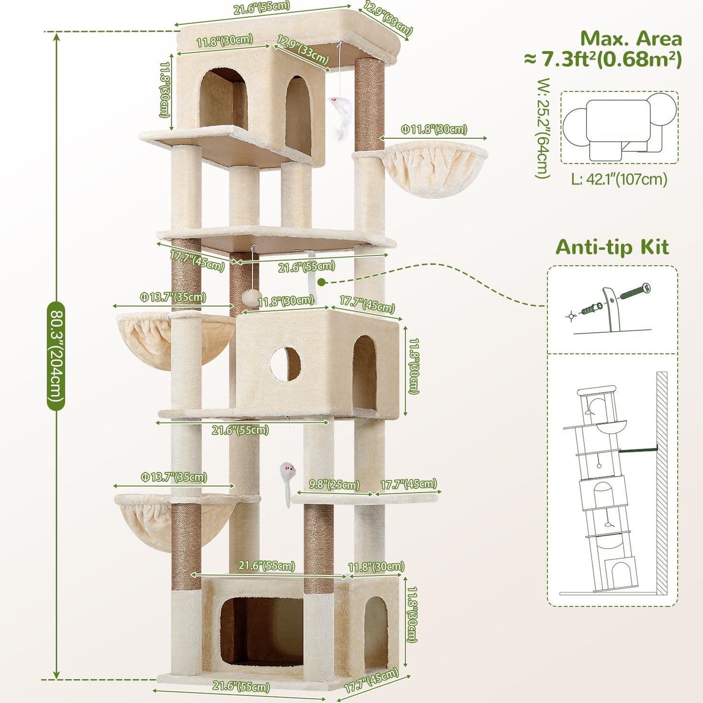 Globlazer Cat Tree Beige Large, Cat Tree XXL high 204cm with 3 cat house, 2 Large Platform, 2 Cat Baskets Soft, Stable cat tower Luxury for 3-5 Large cats Rest Play Indoor (F80F, Beige) - QUORE