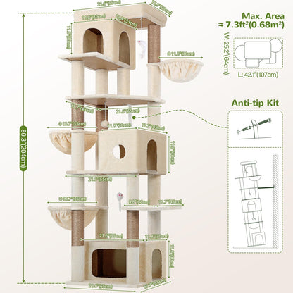 Globlazer Cat Tree Beige Large, Cat Tree XXL high 204cm with 3 cat house, 2 Large Platform, 2 Cat Baskets Soft, Stable cat tower Luxury for 3-5 Large cats Rest Play Indoor (F80F, Beige) - QUORE