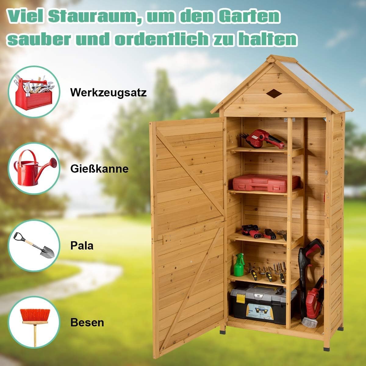 FANTASK 177 x 80 x 45 cm garden cabinet wood, tool shed tool cabinet, garden tool shed, weatherproof, garden shed, tool cabinet, wooden shed with gable roof - QUORE