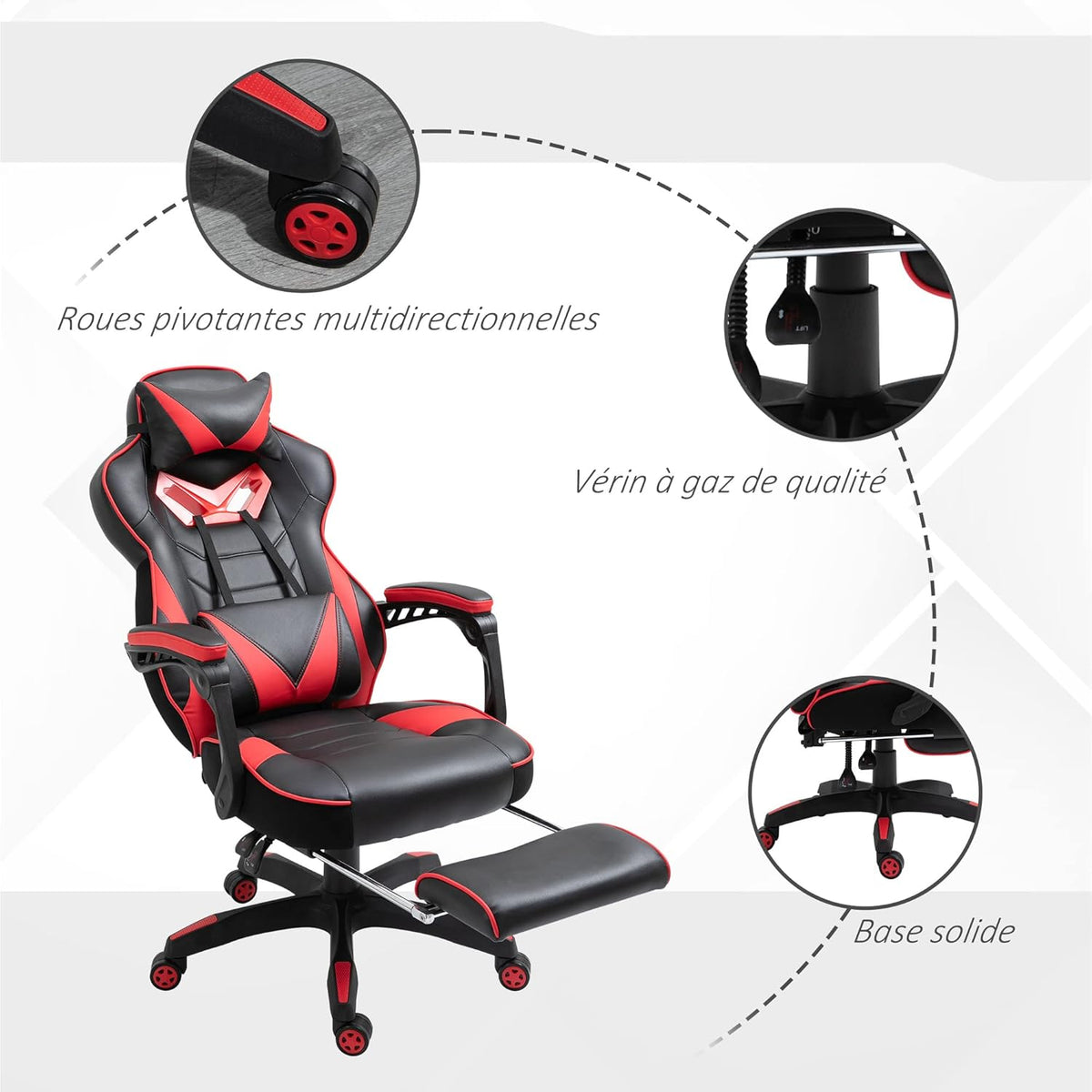 Vinsetto Ergonomic Gaming Chair, Comfortable Office Chair with Footrest, Headrest and Lumbar Cushion, Height Adjustable, Black and Red - QUORE