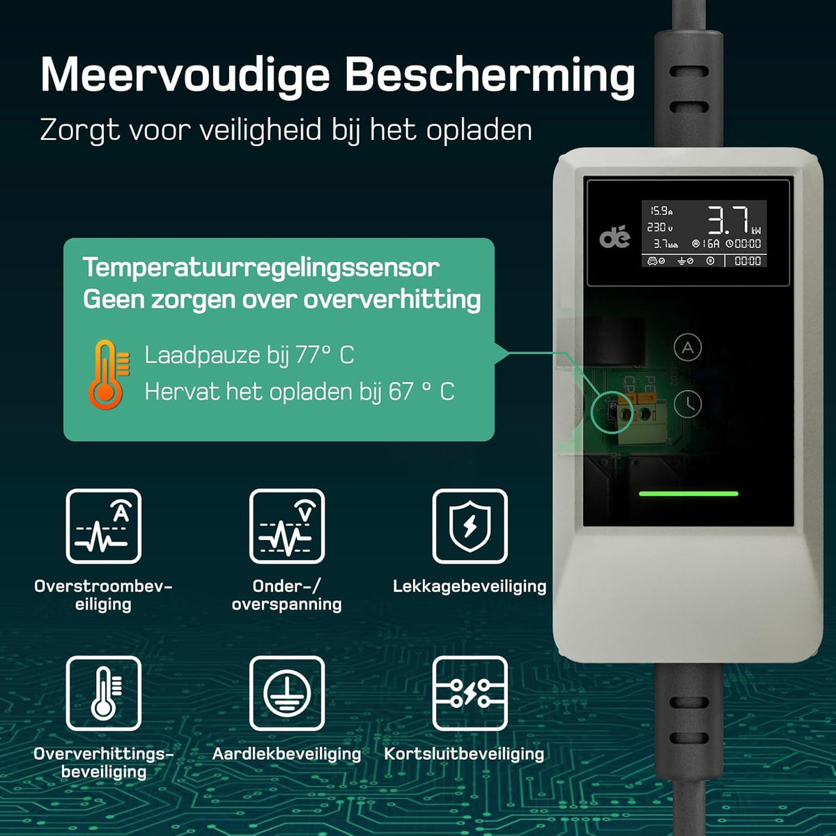 dé EV Charger Type 2 Schuko 3,7kW [7m, 1-Fase, 6-16A] Thuislader Type 2 Wit met Digitaal Display, Instelbare Stroom, EV Oplader 3,7kW voor Model Y/3, ID.3/4, EX30, Enyaq en andere EV/PHEV