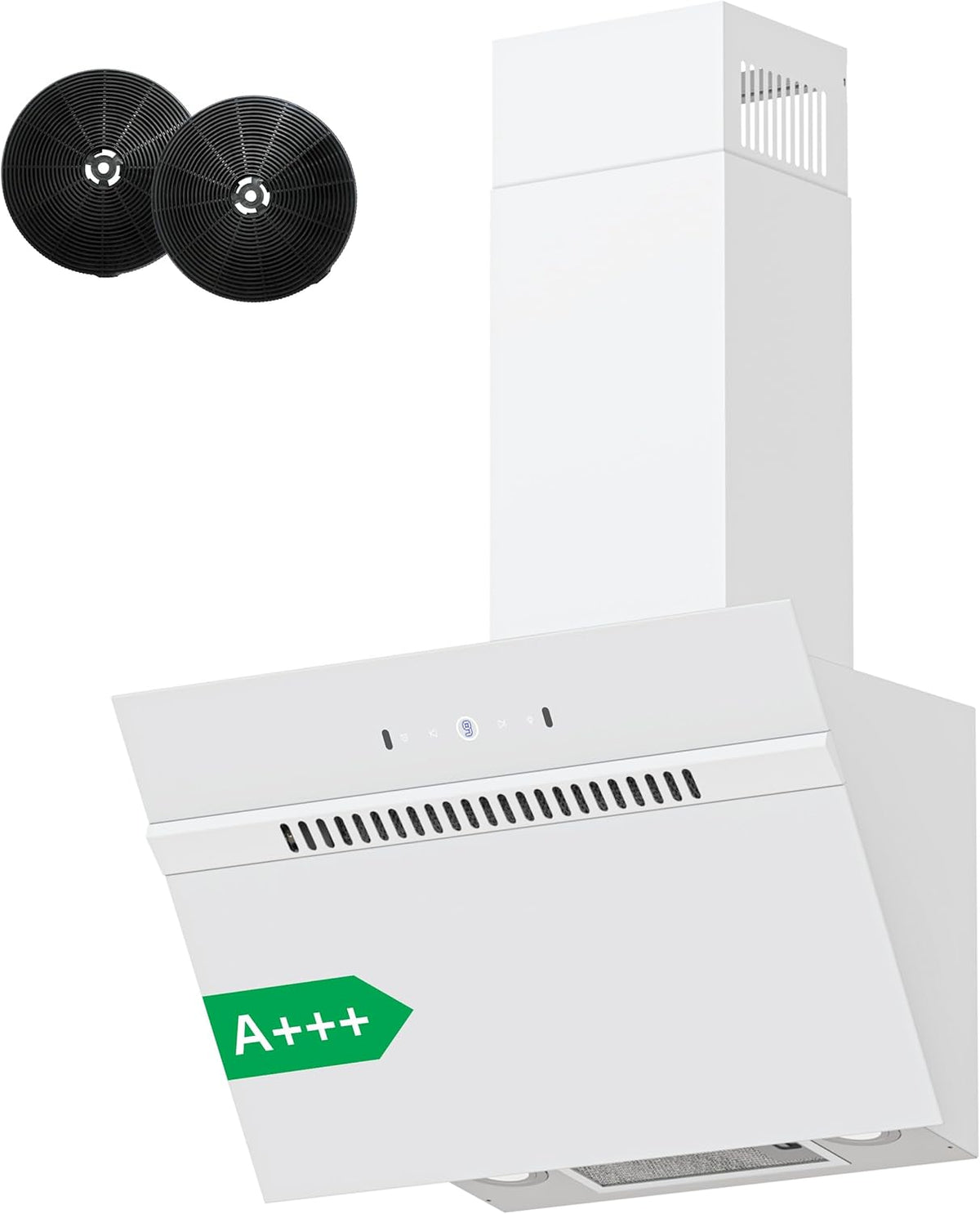 FIREGAS schuine afzuigkap 60 cm,energieklasse A+++, 684 m³/h, 9 standen,touch-en gebarenbediening, recirculatie/luchtafvoer, met LED-verlichting, inclusief actief koolstoffilter en afvoerslang,wit