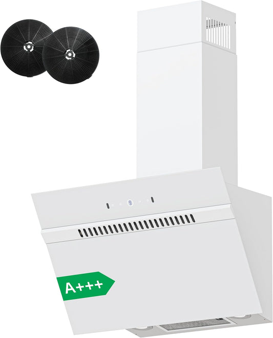 FIREGAS schuine afzuigkap 60 cm,energieklasse A+++, 684 m³/h, 9 standen,touch-en gebarenbediening, recirculatie/luchtafvoer, met LED-verlichting, inclusief actief koolstoffilter en afvoerslang,wit