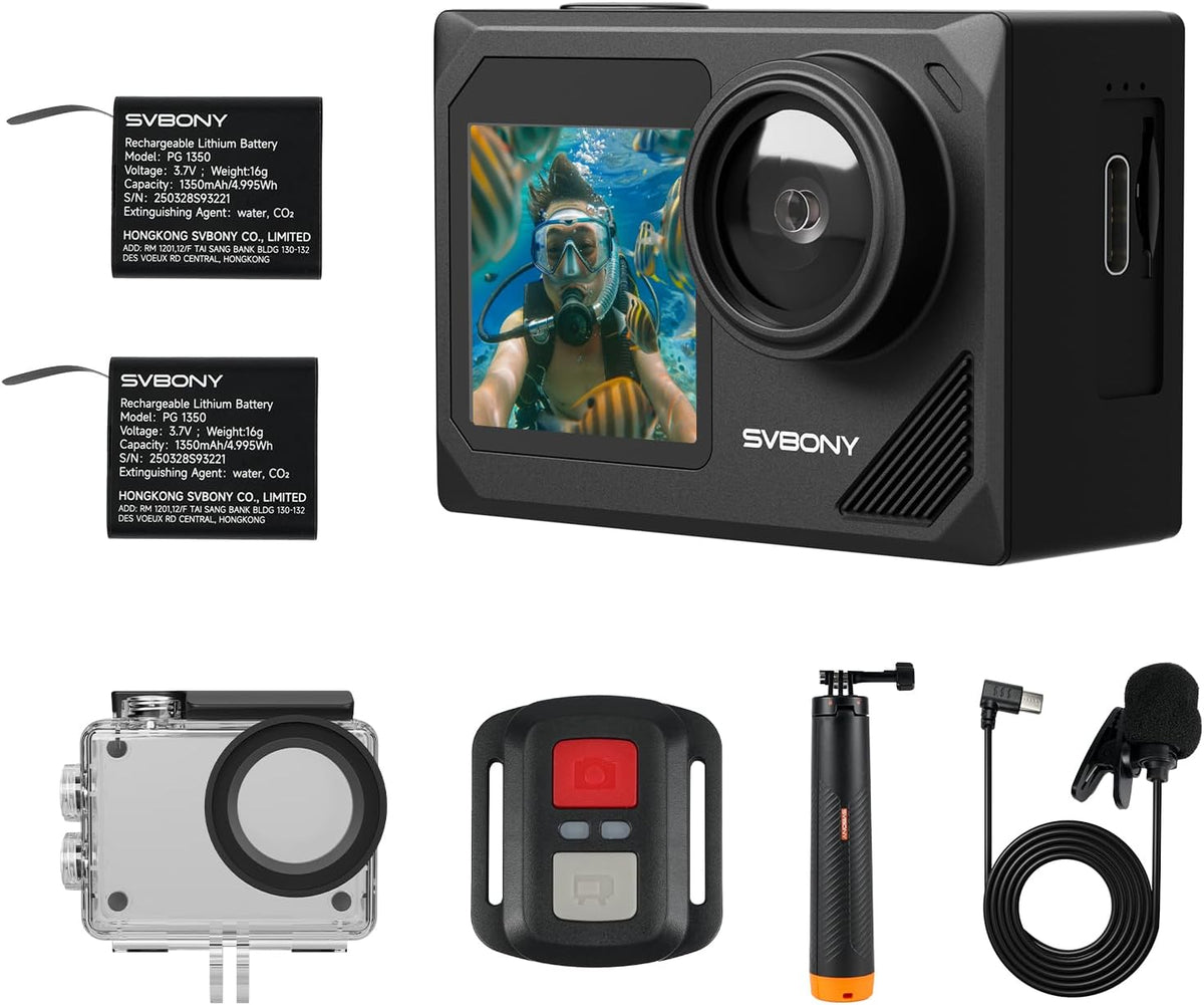 SVBONY SvGo2 Action Camera 4K30FPS, 20MP, Waterdichte Behuizing Onderwatercamera 30M, 5x Zoom Touchscreen Sportcamera's, met Bekabelde Microfoon, EIS Anti-shake, Afstandsbediening, voor Sport Vlog