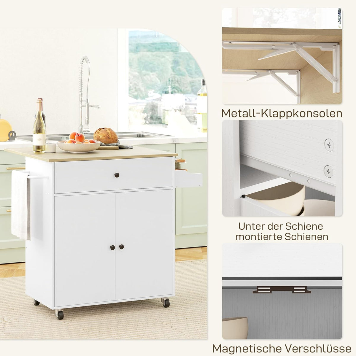 HOMCOM Kitchen Island Wheeled Kitchen Cart with Folding Worktop, Drawer, Kitchen Cabinet Cart with Insert Shelf, Towel Bar, Spice Rack, Serving Trolley White - QUORE