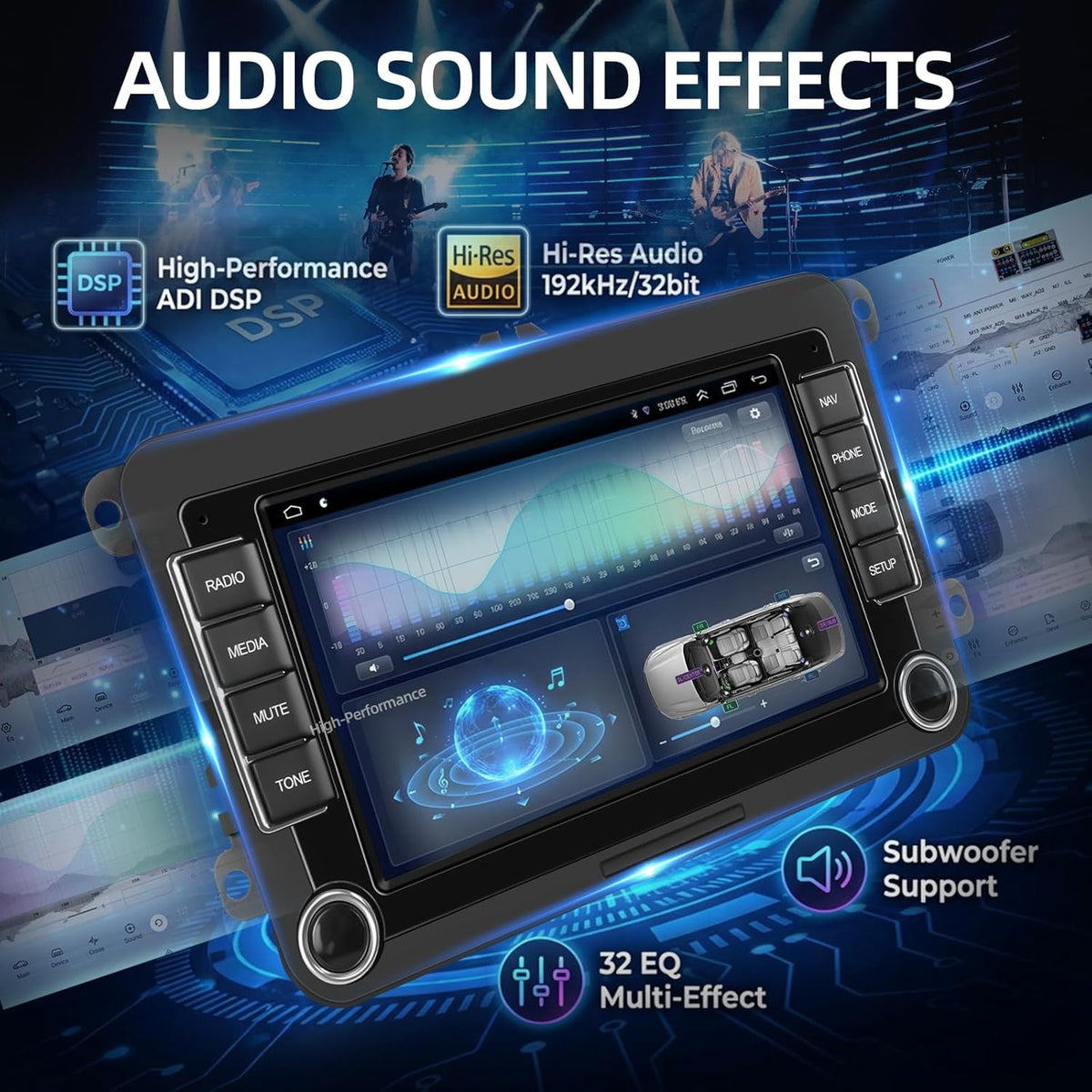Qualcomm Octa‑Core 4+64G Android Autoradio voor VW Golf Passat Jetta Tiguan Polo Caddy, Seat, Skoda – Draadloos CarPlay Android Auto, IPS Touchscreen, DSP, GPS, Plug & Play + Achteruitrijcamera