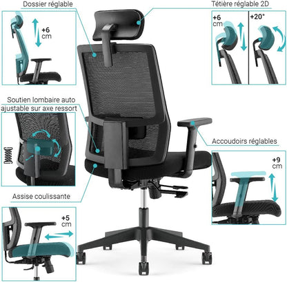 Waytex Acrux Bureaustoel, comfortabel, zwart, bureaustoel, rugleuning, in hoogte verstelbaar, lendensteun, hoofdsteun en armleuningen, verstelbare zitdiepte, draaistoel, synchroon