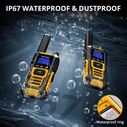 Radioddity HD-1 Walkie Talkie IP67 waterdicht, vergunningsvrij, robuuste PMR stof- en schokbestendig groepsgesprek met één knop SOS-alarm dubbele PTT USB-C-oplaadstation en basisstation, 4 stuks, geel