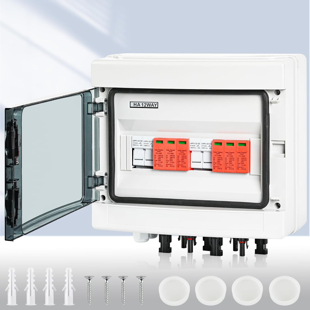 Overspanningsbeveiliging PV DC1000V bliksembeveiliging PV installatie 20-40 KA, zonne-overspanningsbeveiliging 2 snaren 12 modules met 16-zekering, IP65 waterdicht & UV-bestendig